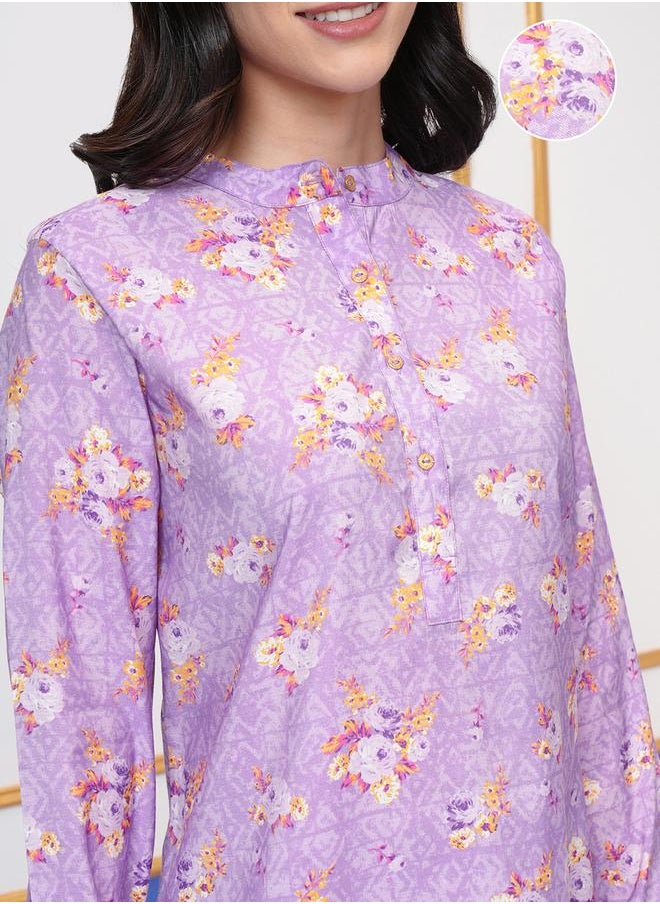 Vishudh - Floral Printed Band Collar Long Sleeves Tunic and Palazzo Pants Co-Ords by Styli - Image 1