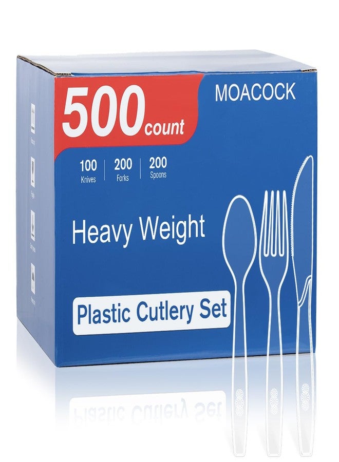 MOACOCK 500 Count Extra Heavy Duty Plastic Silverware, 200 Forks, 200 Spoons, 100 Knives, Disposable Plastic Cutlery Set for Parties, Picnics, Big Event, Daily Use - Image 1