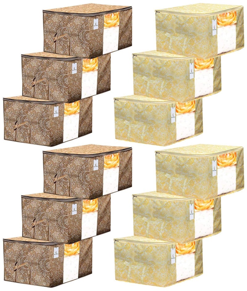 Kuber Industries Metalic Printed 12 Piece Non Woven Fabric Underbed Storage BagCloth OrganiserBlanket Cover with Transparent Window Gold Beige CTKTC41304 - Image 1
