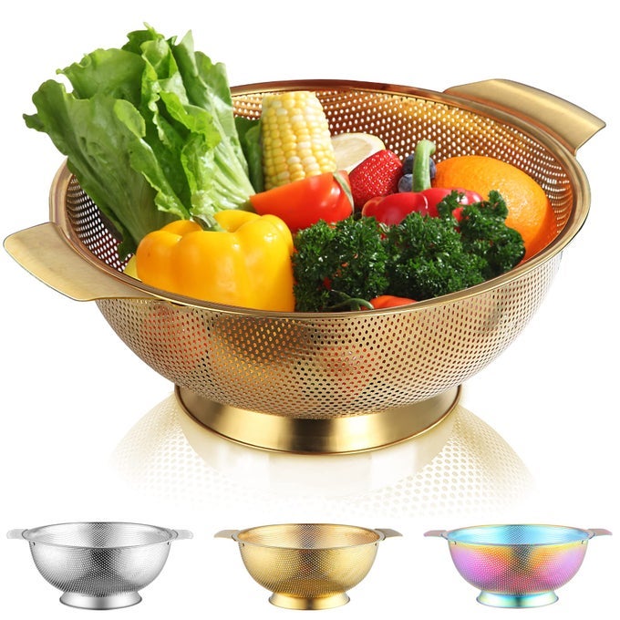 GOLD COLANDER 5 QUART PROFESSIONAL TITANIUM GOLD PLATING STAINLESS STEEL STRAINER WITH HEAVY DUTY HANDLES AND SELF DRAINING SOLID RING BASE EASY CLEAN AND DISHWASHER SAFE