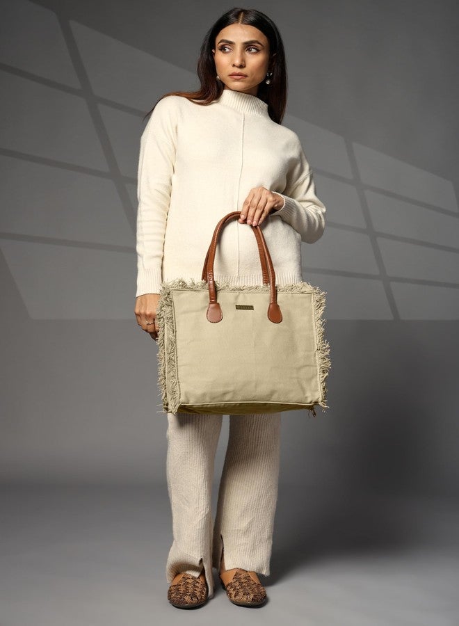 ENSAC Premium Cotton Tote Bag for Women, Stylish Handbag for women with Zip Closure | Fit for Office Bag, College, Travel Use | Handcrafted in India (Cutwork-tote-big) (MHD-GREEN) - Image 5