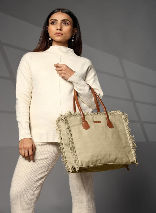ENSAC Premium Cotton Tote Bag for Women, Stylish Handbag for women with Zip Closure | Fit for Office Bag, College, Travel Use | Handcrafted in India (Cutwork-tote-big) (MHD-GREEN) - Image 3