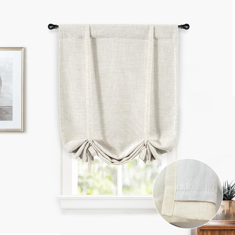 DriftAway Double Layer Linen Blackout Tie Up Curtains Thermal Insulated Fully Lined Balloon Roman Shade Bathroom Window Adjustable Rod Pocket for Small Window 25 Inch by 47 Inch Light Linen - Image 1