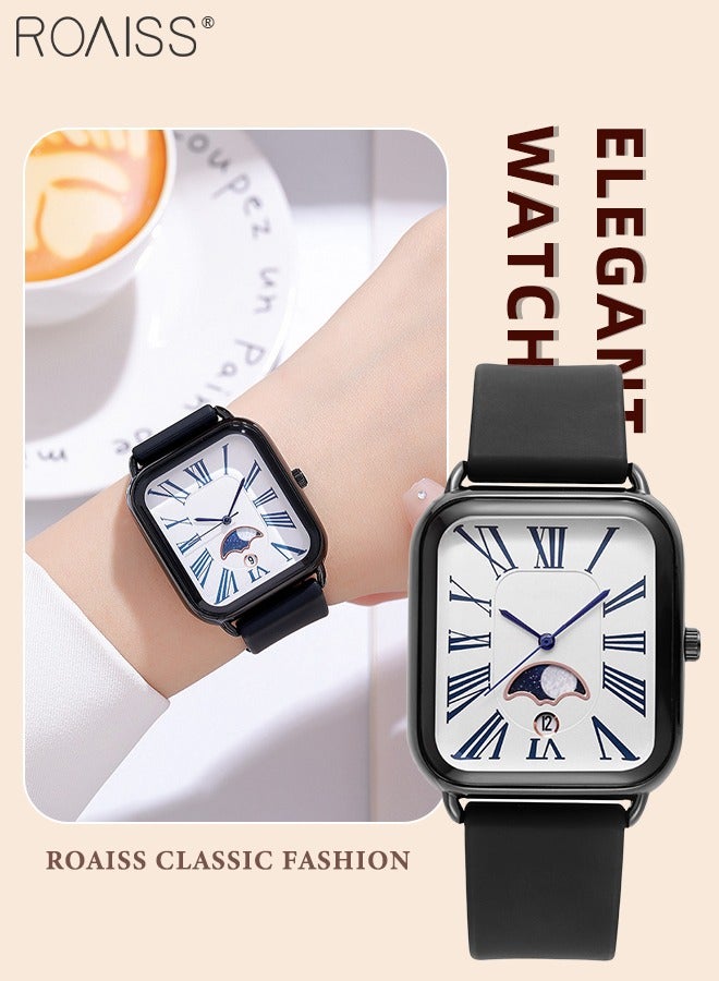 رويس ساعة كوارتز نسائية بحزام السيليكون بقرص مستطيل مع عرض مرحلة القمر، ساعة يد عصرية فاخرة مقاومة للماء كهدية للسيدات - Image 1