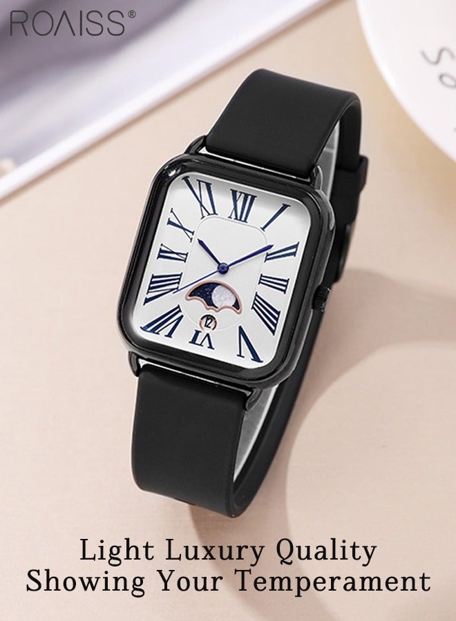 رويس ساعة كوارتز نسائية بحزام السيليكون بقرص مستطيل مع عرض مرحلة القمر، ساعة يد عصرية فاخرة مقاومة للماء كهدية للسيدات - Image 2