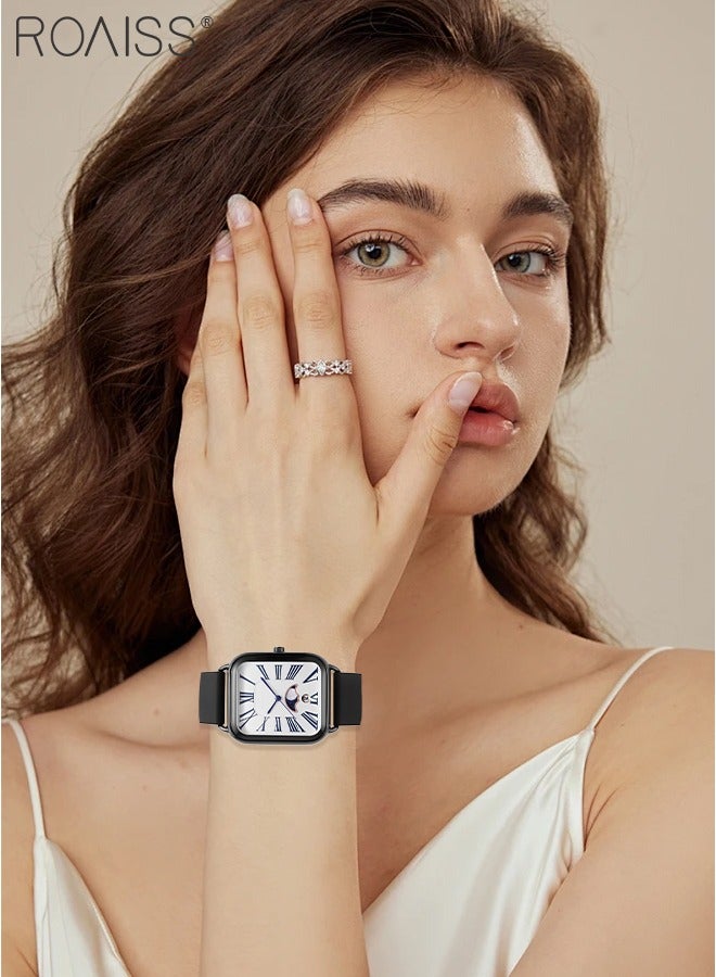 رويس ساعة كوارتز نسائية بحزام السيليكون بقرص مستطيل مع عرض مرحلة القمر، ساعة يد عصرية فاخرة مقاومة للماء كهدية للسيدات - Image 3