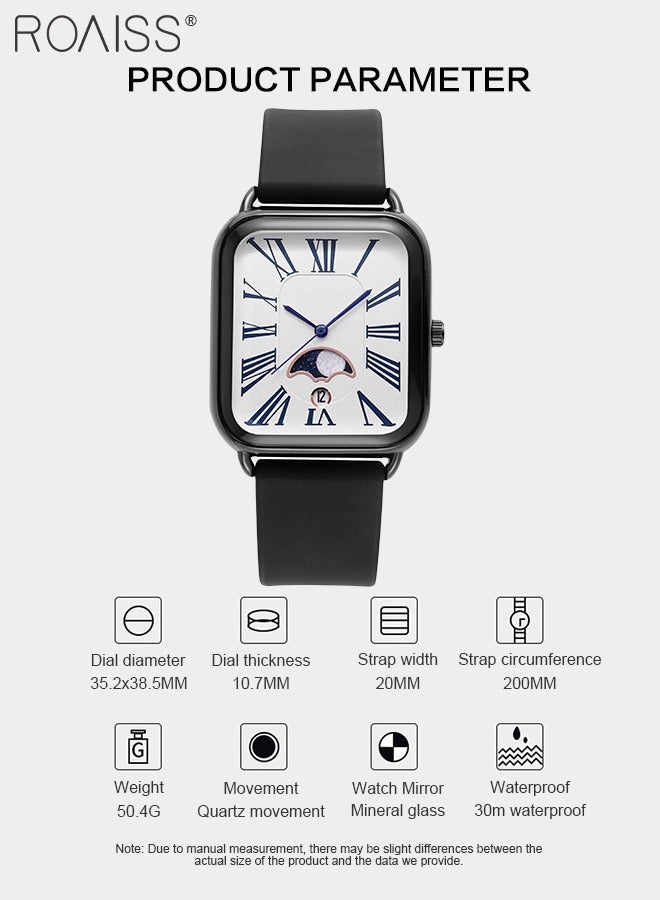 رويس ساعة كوارتز نسائية بحزام السيليكون بقرص مستطيل مع عرض مرحلة القمر، ساعة يد عصرية فاخرة مقاومة للماء كهدية للسيدات - Image 4