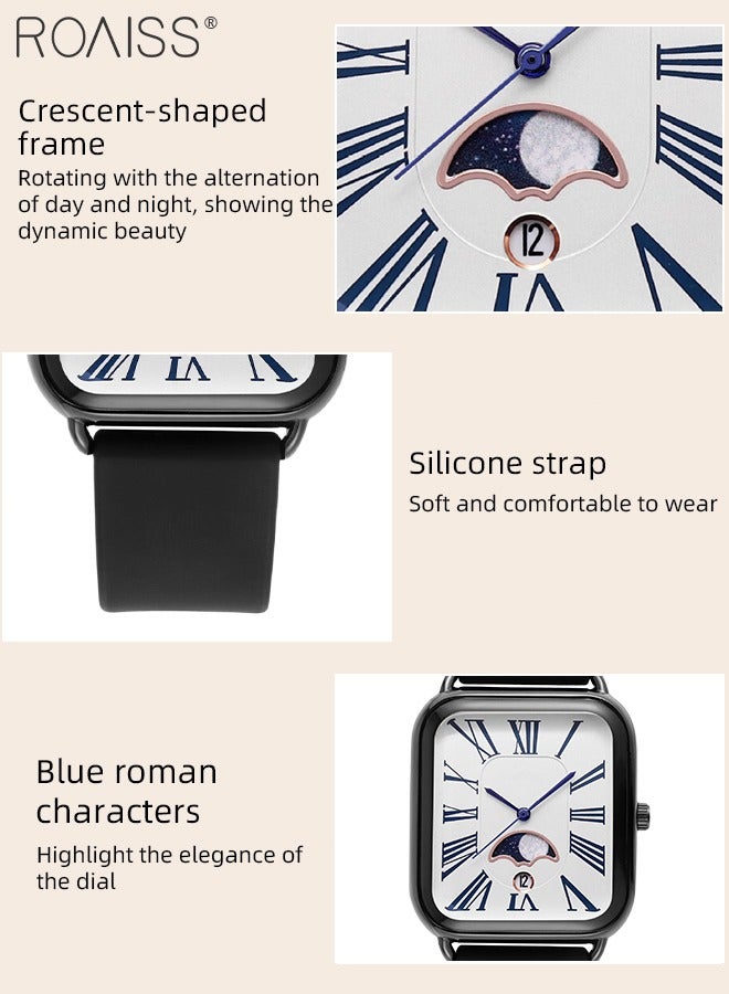 رويس ساعة كوارتز نسائية بحزام السيليكون بقرص مستطيل مع عرض مرحلة القمر، ساعة يد عصرية فاخرة مقاومة للماء كهدية للسيدات - Image 5