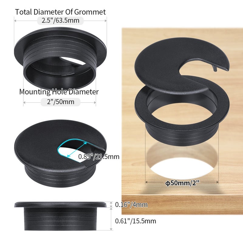 Petutu Desk Grommet 2 Inch, Plastic Desk Cord Cable Hole Cover Grommet - 10 Packs, Black - Image 2