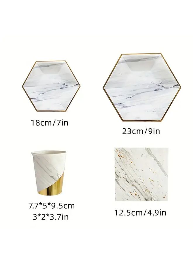 16 Person Hexagonal Marble Gold Edged Paper Plates Cups Napkins Set Party Decor - Image 3