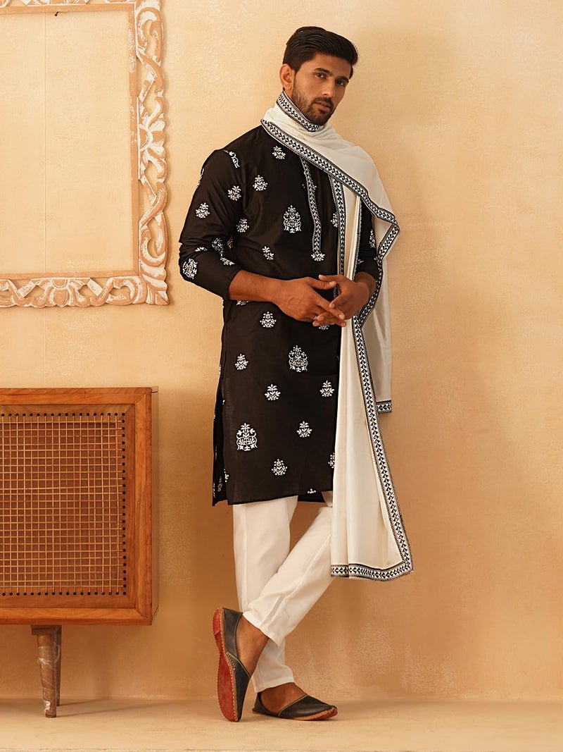Jompers Classic Silk Blend Embroidered Kurta Pyjama Set with Dupatta - Image 5