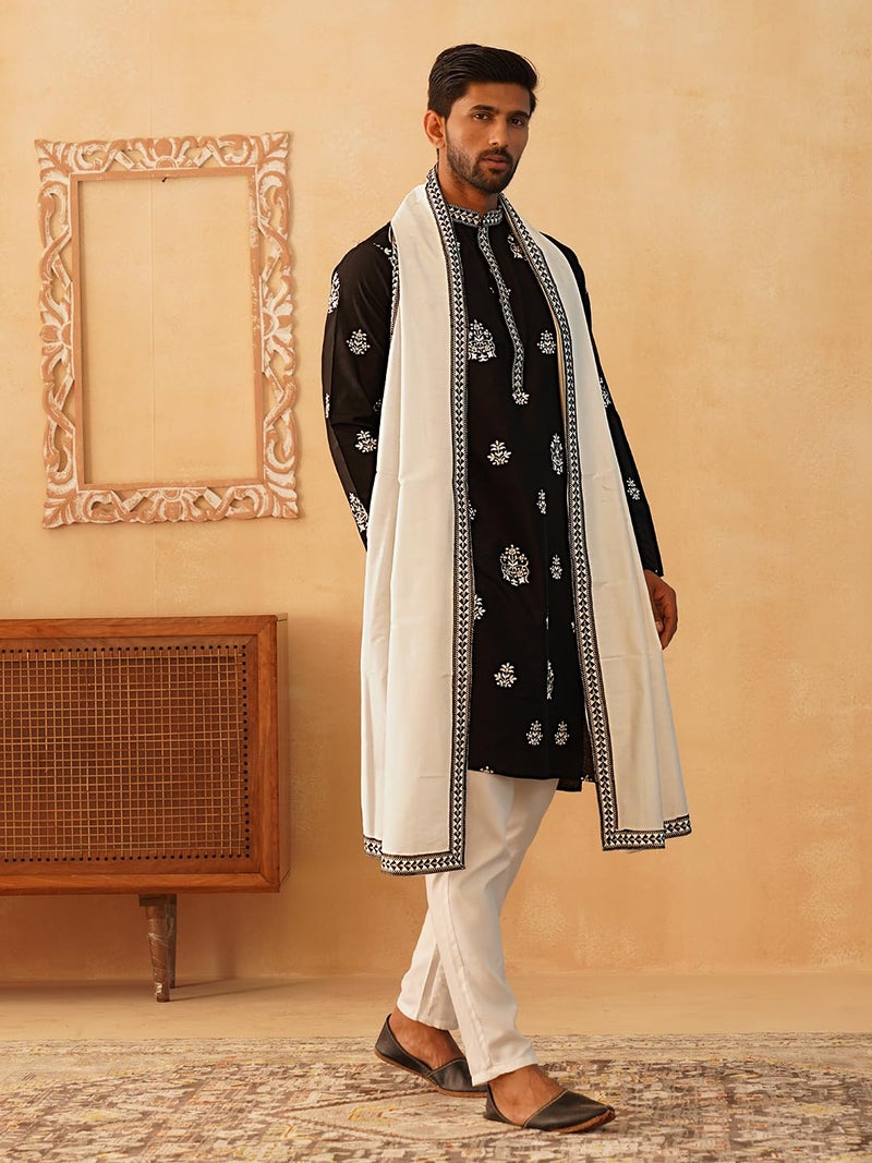 Jompers Classic Silk Blend Embroidered Kurta Pyjama Set with Dupatta - Image 2