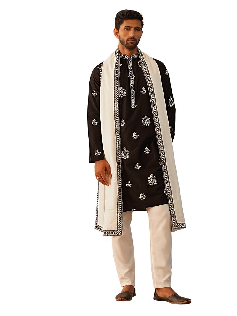 Jompers Classic Silk Blend Embroidered Kurta Pyjama Set with Dupatta - Image 1