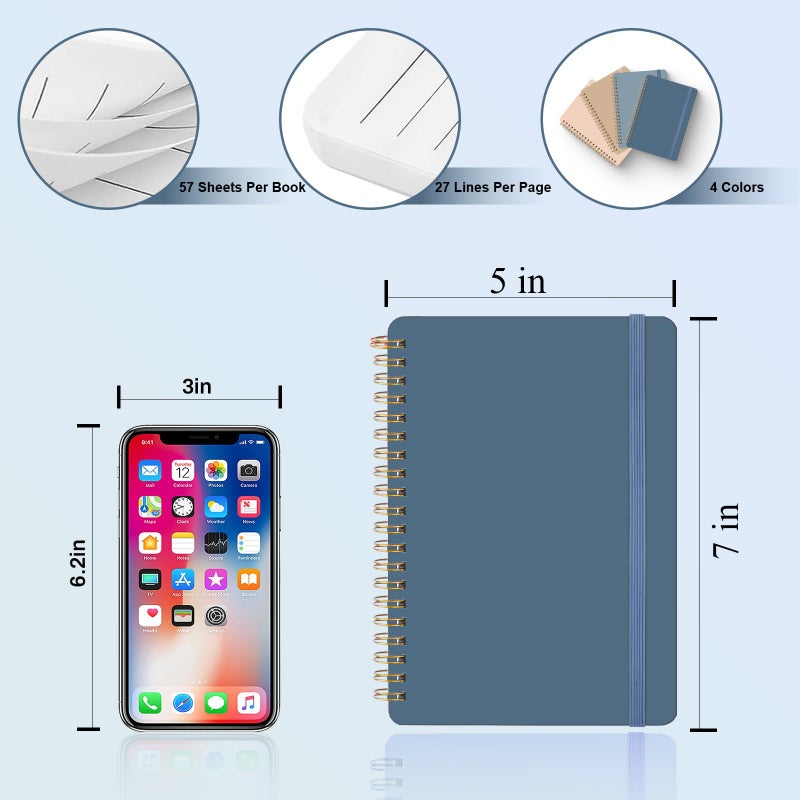 DMSVK 4 PCS Small Spiral Notebook 5x7, Spiral Journal Notebook, Notebooks for Work, School, Small Notebooks 5x7 with Strap, Cute Notebooks for Women 50 Sheets (Blue) - Image 2