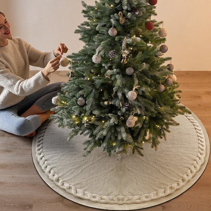yuboo yuboo Cable Knit Tree Skirt Cream48 inch White Boho Tree Skirt Christmas Tree Rug  Neutral Boho Christmas Decorations 
