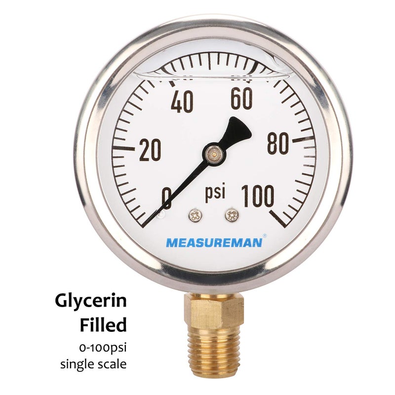 MEASUREMAN مقياس ضغط سباكة مملوء بالجليسرين من ميزورمان، حجم القرص 2-1/2 بوصة، نطاق 0-100 رطل لكل بوصة مربعة، غلاف من الفولاذ المقاوم للصدأ، تركيب سفلي 1/4 إنش إن بي تي - Image 3