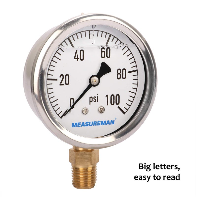 MEASUREMAN مقياس ضغط سباكة مملوء بالجليسرين من ميزورمان، حجم القرص 2-1/2 بوصة، نطاق 0-100 رطل لكل بوصة مربعة، غلاف من الفولاذ المقاوم للصدأ، تركيب سفلي 1/4 إنش إن بي تي - Image 2