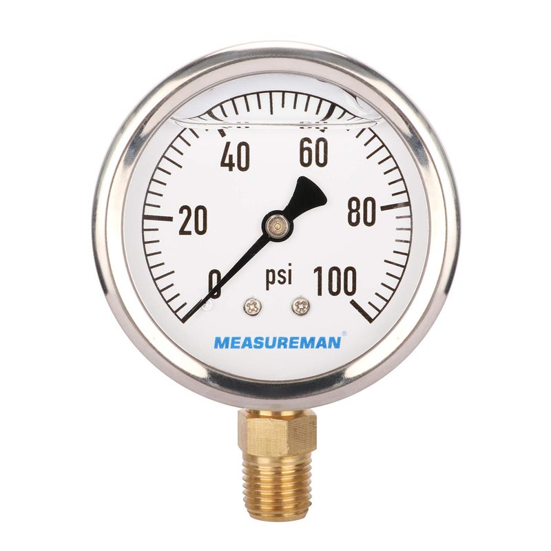 MEASUREMAN مقياس ضغط سباكة مملوء بالجليسرين من ميزورمان، حجم القرص 2-1/2 بوصة، نطاق 0-100 رطل لكل بوصة مربعة، غلاف من الفولاذ المقاوم للصدأ، تركيب سفلي 1/4 إنش إن بي تي - Image 1