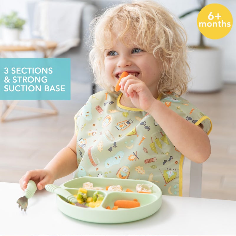 Bumkins Toddler and Baby Suction Plate, Silicone Divided Grip Dish for Babies and Kids, Baby Led Weaning, Children Feeding Supplies, Non Skid Bottom, Platinum Silicone, 6 Months Up, Gray and Sage - Image 2