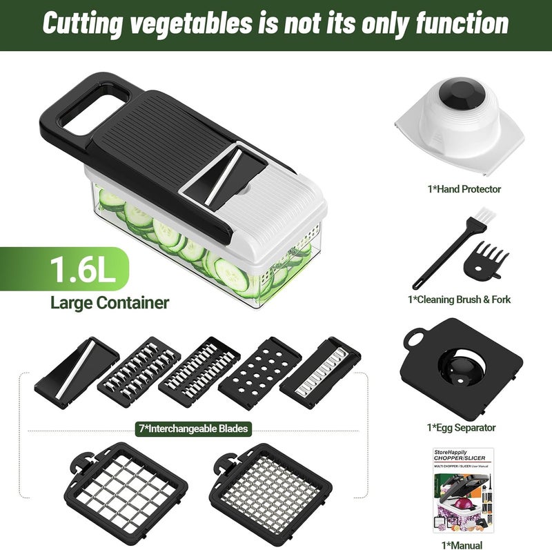 StoreHappily 12-in-1 Vegetable Chopper, 7 Blades Veggie Chopper with Container and Lid, Dicer, Slicer, Multifunctional Kitchen Gadgets, Vegetable Cutter with Handle, Onion Cutter(Black/White) - Image 2