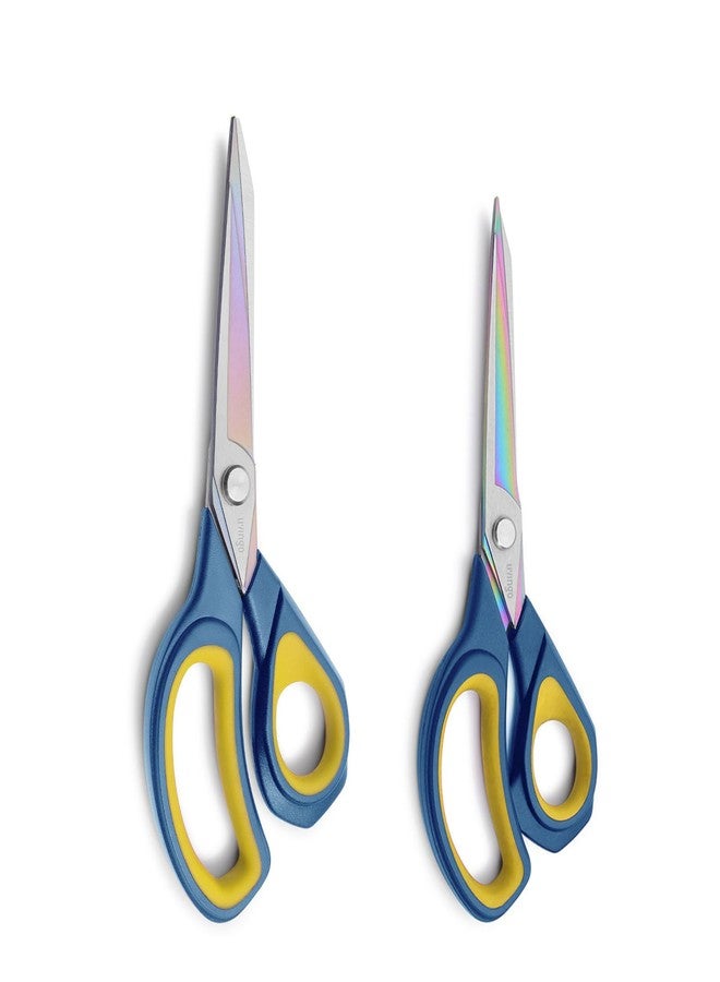 LIVINGO 2 Pack Sharp Fabric Scissors - Heavy Duty Scissors All Purpose, Titanium Coated Forged Sewing Shears for Tailor Dressmaking Crafting Cutting Clothes Leather, 8.5" & 9.5", Blue & Yellow - Image 1
