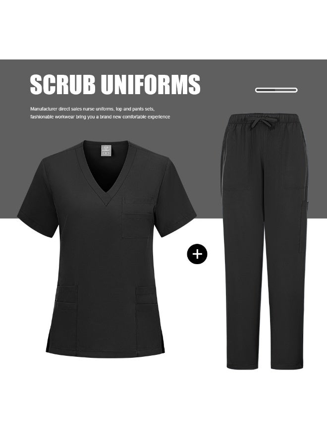 Loquat Womens Men Medical Scrubs Set Medical Uniform Set Black - Image 2