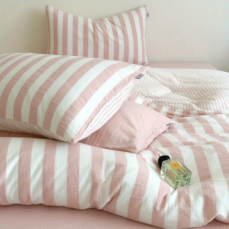 Spring/Summer New Pink Striped Duvet Cover 3pcs Set (1 Duvet Cover + 2 Pillowcases) - Simple Stripes, Synthetic Fiber, Soft & Machine Washable, All-Season Use (Excludes Filling) - Image 4