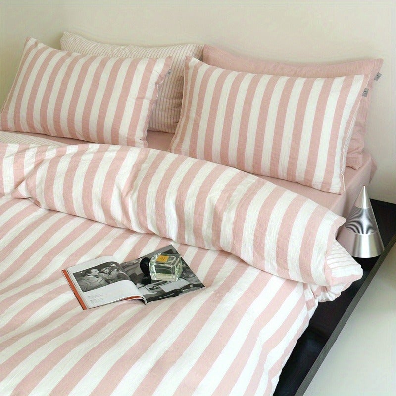 Spring/Summer New Pink Striped Duvet Cover 3pcs Set (1 Duvet Cover + 2 Pillowcases) - Simple Stripes, Synthetic Fiber, Soft & Machine Washable, All-Season Use (Excludes Filling) - Image 2