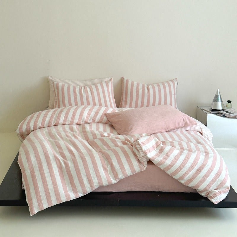 Spring/Summer New Pink Striped Duvet Cover 3pcs Set (1 Duvet Cover + 2 Pillowcases) - Simple Stripes, Synthetic Fiber, Soft & Machine Washable, All-Season Use (Excludes Filling) - Image 5
