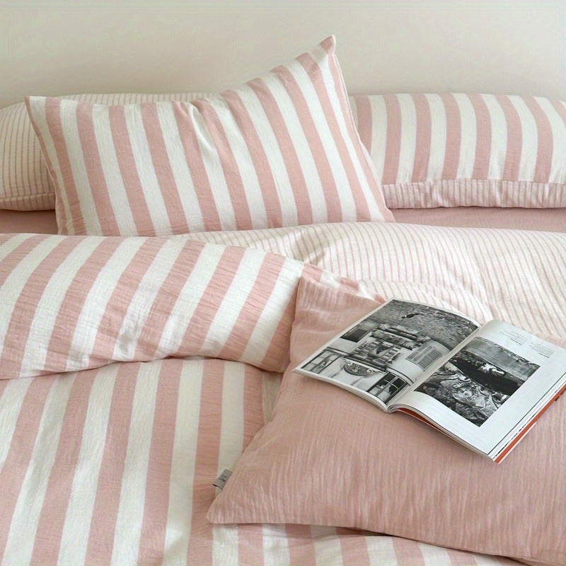 Spring/Summer New Pink Striped Duvet Cover 3pcs Set (1 Duvet Cover + 2 Pillowcases) - Simple Stripes, Synthetic Fiber, Soft & Machine Washable, All-Season Use (Excludes Filling) - Image 3