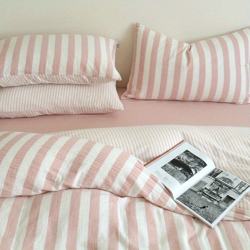Spring/Summer New Pink Striped Duvet Cover 3pcs Set (1 Duvet Cover + 2 Pillowcases) - Simple Stripes, Synthetic Fiber, Soft & Machine Washable, All-Season Use (Excludes Filling) - Image 1