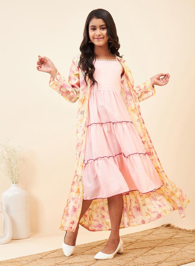 Stylo Bug Solid Tiered Midi Dress with Floral Printed Shrug - Image 1