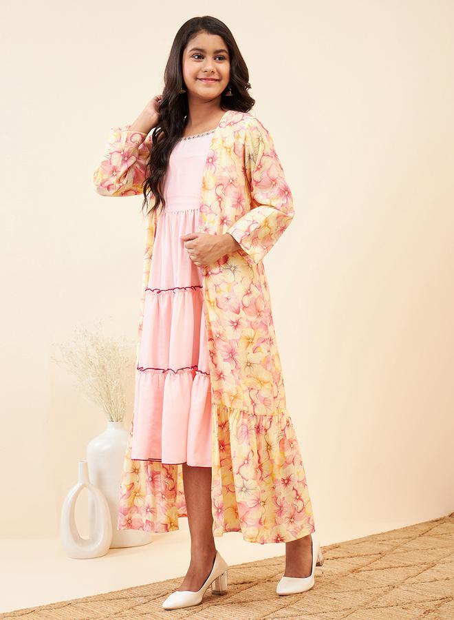 Stylo Bug Solid Tiered Midi Dress with Floral Printed Shrug - Image 3