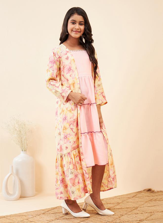 Stylo Bug Solid Tiered Midi Dress with Floral Printed Shrug - Image 4