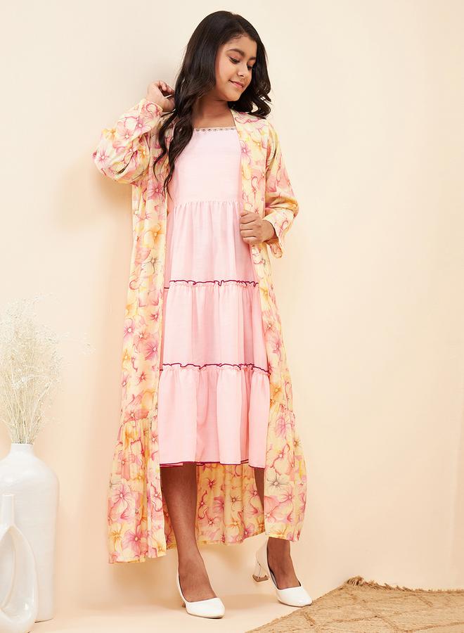 Stylo Bug Solid Tiered Midi Dress with Floral Printed Shrug - Image 2