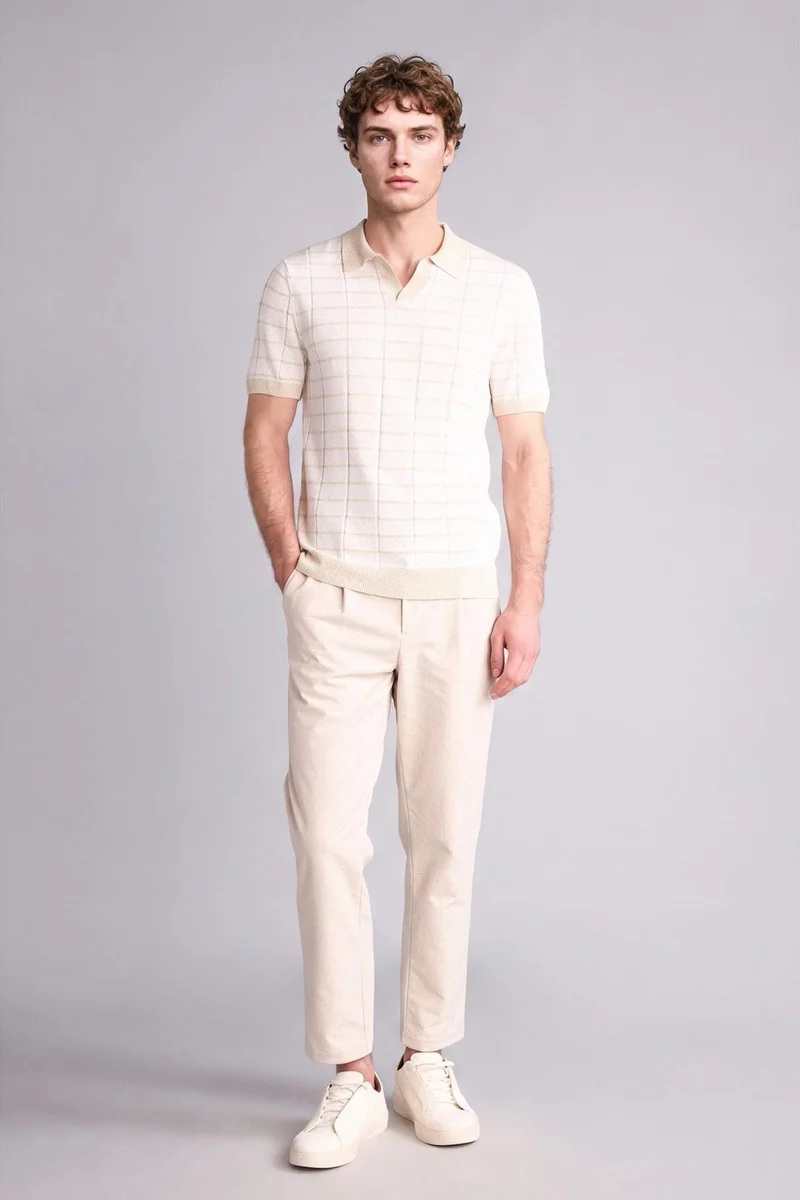 ديفاكتو Standard Fit Linen Blended Short Sleeve Polo T-Shirt
