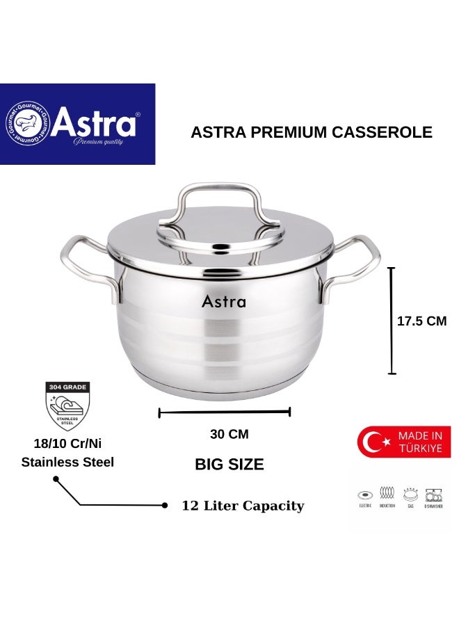 Astra 30 CM Premium Stainless Steel Casserole Pot | 18/10 Cr-Ni | Induction Compatible | Healthy Cooking | Made in Turkey - Image 2