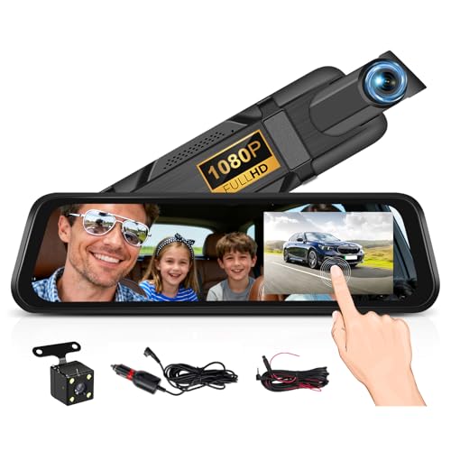 SIXWIN 9.66 Inch IPS Mirror Dash Cam 1080P Front 480P Rear Dual Lens Touch Screen Dash Cam Front and Rear 150° Wide Angle Night Vision Loop Recording Reverse Assistance Motion Detection - Image 1