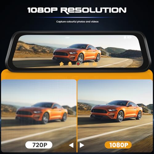SIXWIN 9.66 Inch IPS Mirror Dash Cam 1080P Front 480P Rear Dual Lens Touch Screen Dash Cam Front and Rear 150° Wide Angle Night Vision Loop Recording Reverse Assistance Motion Detection - Image 2