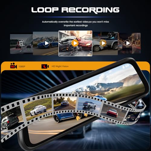 SIXWIN 9.66 Inch IPS Mirror Dash Cam 1080P Front 480P Rear Dual Lens Touch Screen Dash Cam Front and Rear 150° Wide Angle Night Vision Loop Recording Reverse Assistance Motion Detection - Image 3