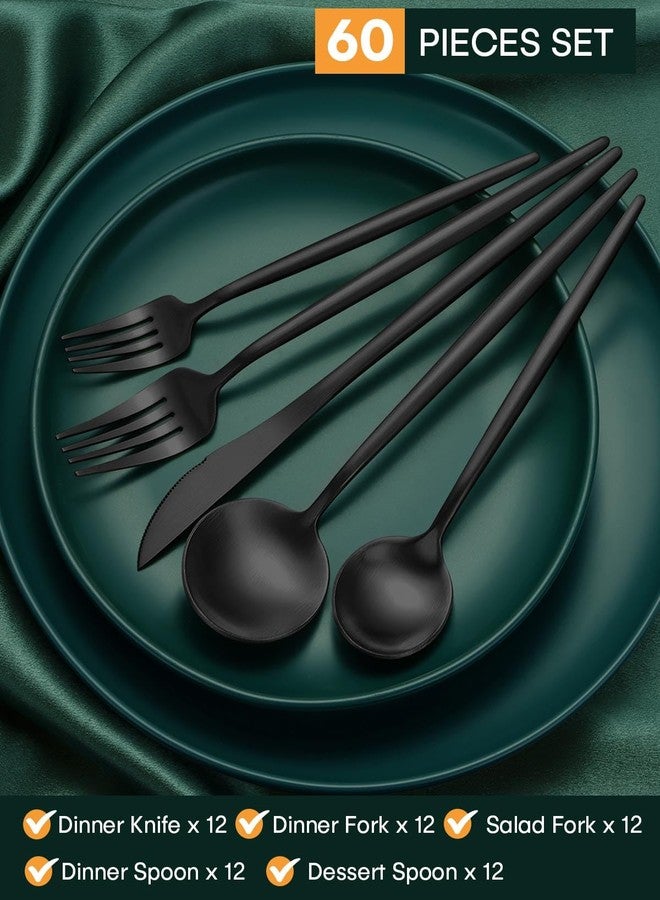 EUIRIO 60-Piece Silverware Set for 12, Stainless Steel Flatware Set Matte Black Grey, Modern Brushed Thick Cutlery Set with Spoons Forks and Knives, Utensil Set for Home Kitchen Hotel, Dishwasher Safe - Image 2