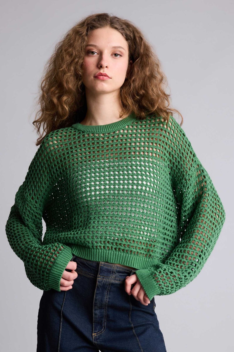 DeFacto Green Woman Cropped Fit Crew Neck KniT Pullover Casual - Image 3
