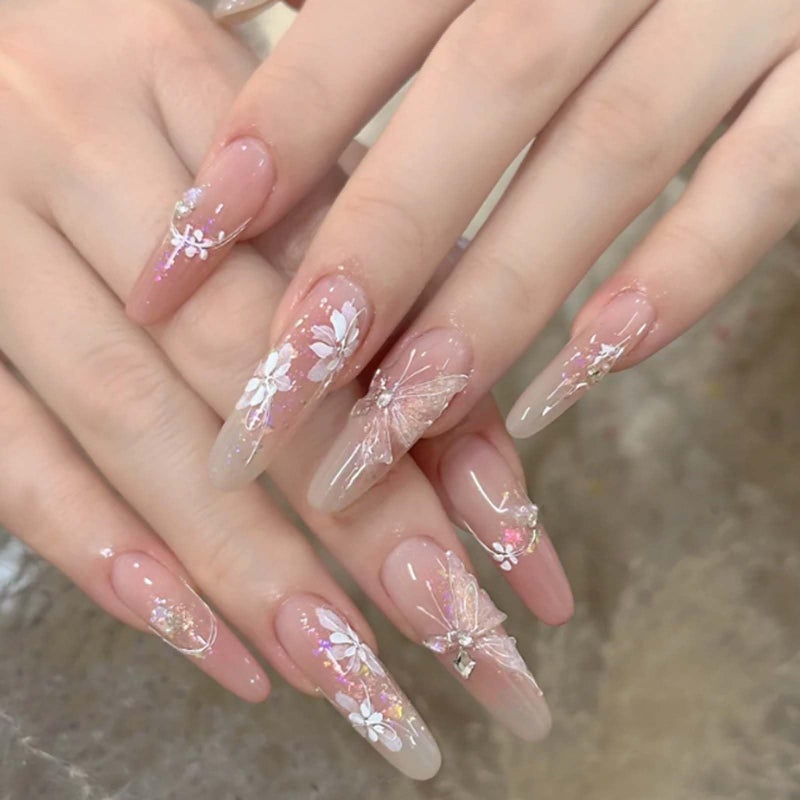 Hkanlre Press on Nails Long Fake Butterfly Pink Nails Tips Full Cover False Almond Nails for Women and Girls 24PCS - Image 1