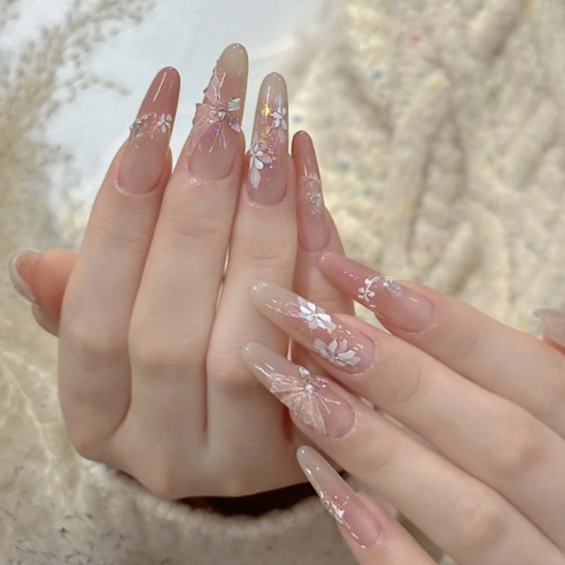 Hkanlre Press on Nails Long Fake Butterfly Pink Nails Tips Full Cover False Almond Nails for Women and Girls 24PCS - Image 2