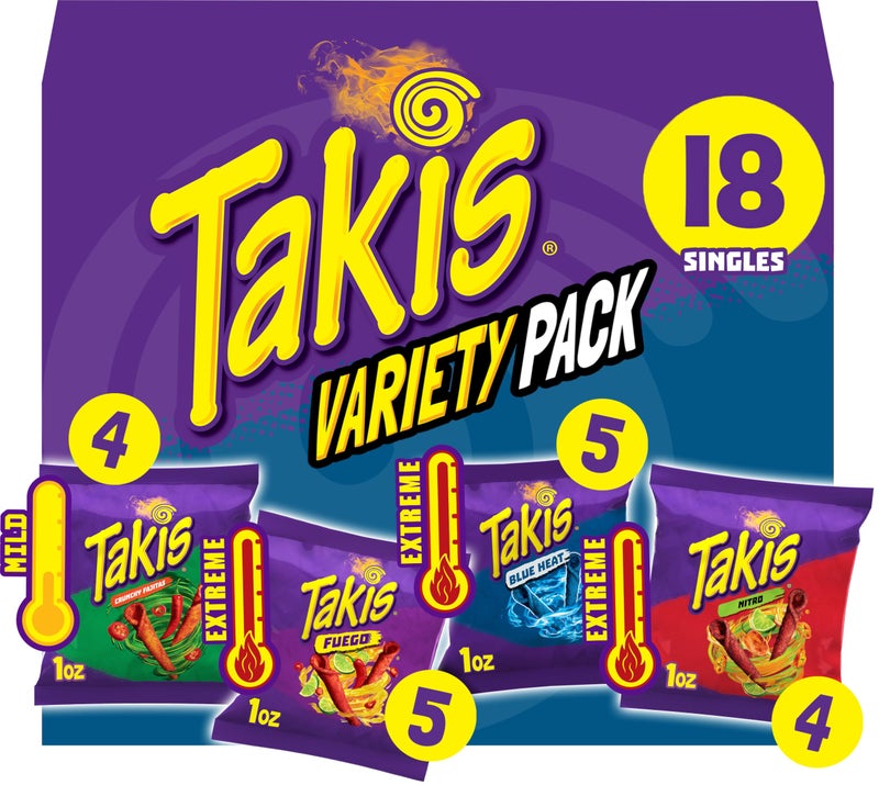 Taki's Takis 18 pc / 1 oz Variety Pack, Assorted Flavored Mixed Rolled Tortilla Chips – (5) Fuego, (5) Blue Heat, (4) Nitro, (4) Crunchy Fajitas - Image 1