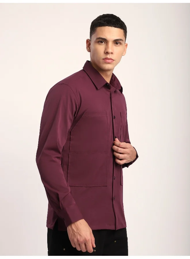 بيونغ قميص بجيوب بزاوية بنبيذ فرنسي