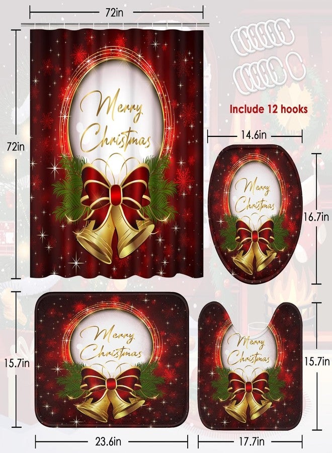 ArtSocket 4 Pcs Shower Curtain Set Christmas Bells Bow Snowflakes Red with Non-Slip Rugs Toilet Lid Cover and Bath Mat Bathroom Decor Set 72" x 72" - Image 2