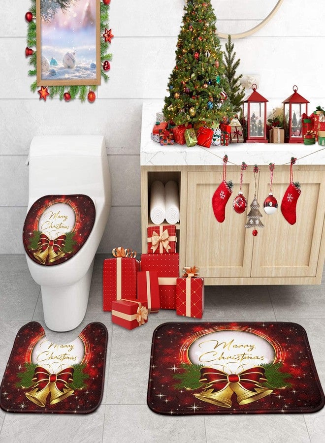 ArtSocket 4 Pcs Shower Curtain Set Christmas Bells Bow Snowflakes Red with Non-Slip Rugs Toilet Lid Cover and Bath Mat Bathroom Decor Set 72" x 72" - Image 5