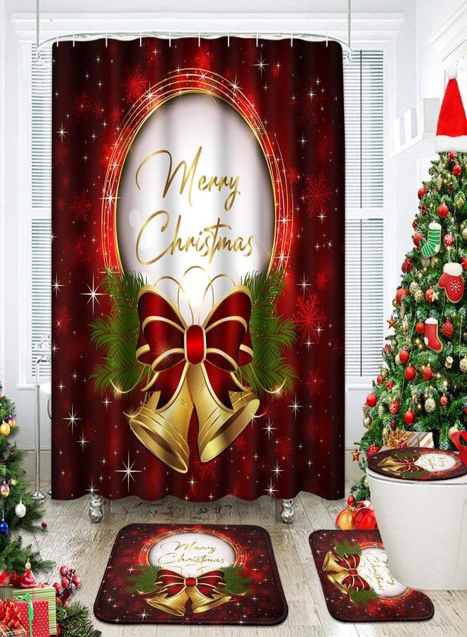 ArtSocket 4 Pcs Shower Curtain Set Christmas Bells Bow Snowflakes Red with Non-Slip Rugs Toilet Lid Cover and Bath Mat Bathroom Decor Set 72" x 72" - Image 1