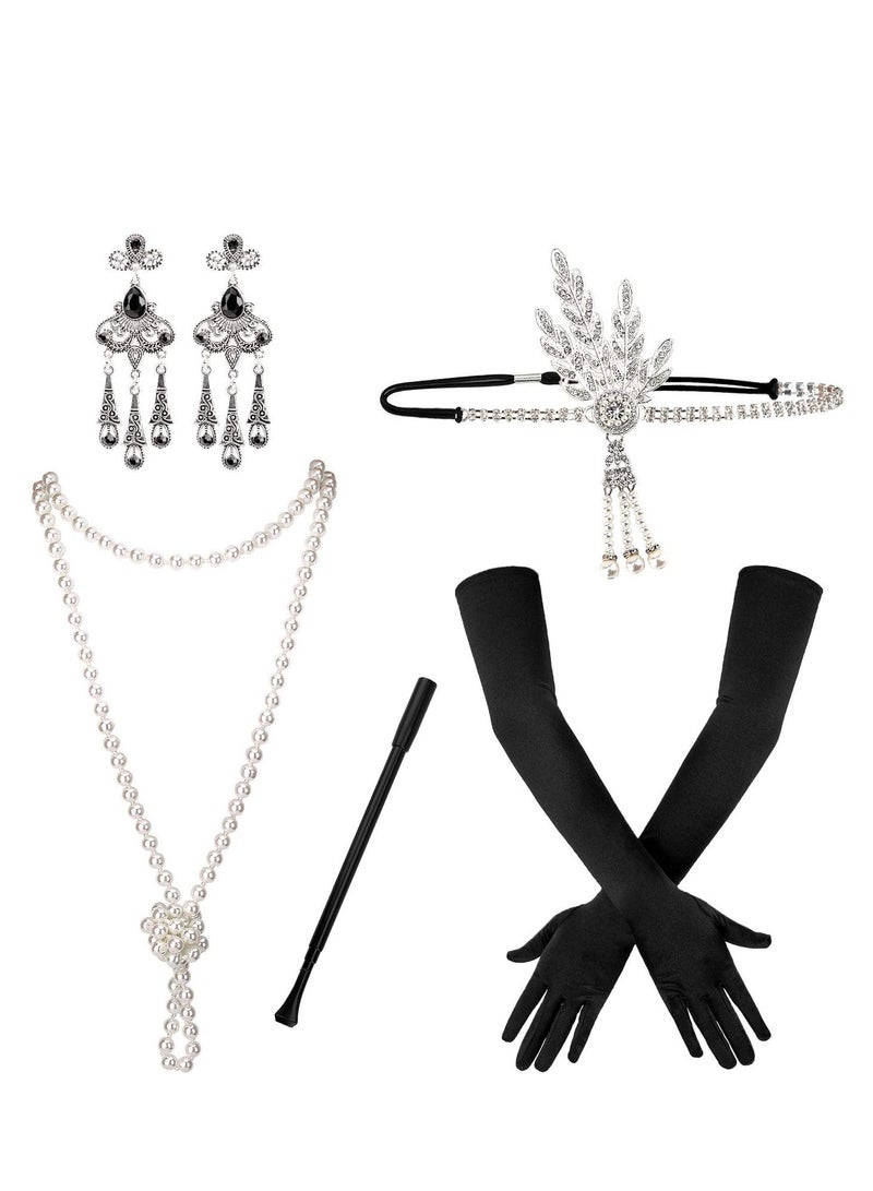 KASTWAVE 5pcs 1920s Flapper Accessories 20s Gatsby Costume Accessories Set for Women Headband Earrings Pearl Necklace Gloves  - Image 1